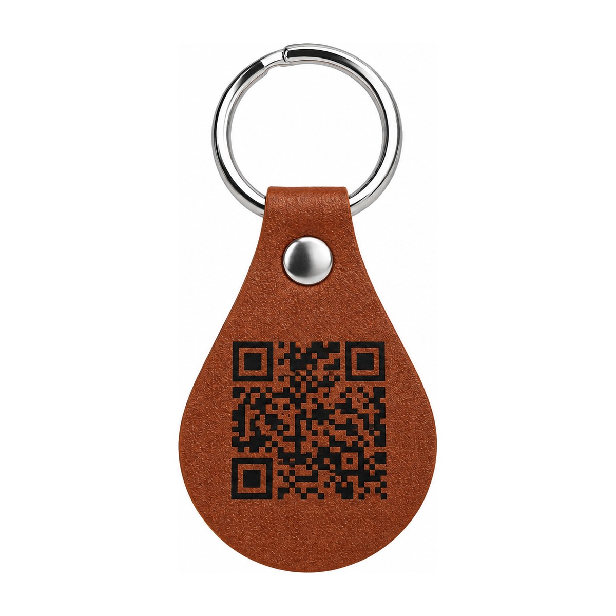 A brown leather pet tag with a QR code burned into it